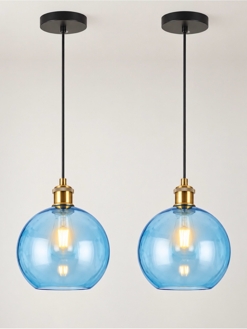 Pair of Blue Glass Globe Pendant Light with Gold Socket
